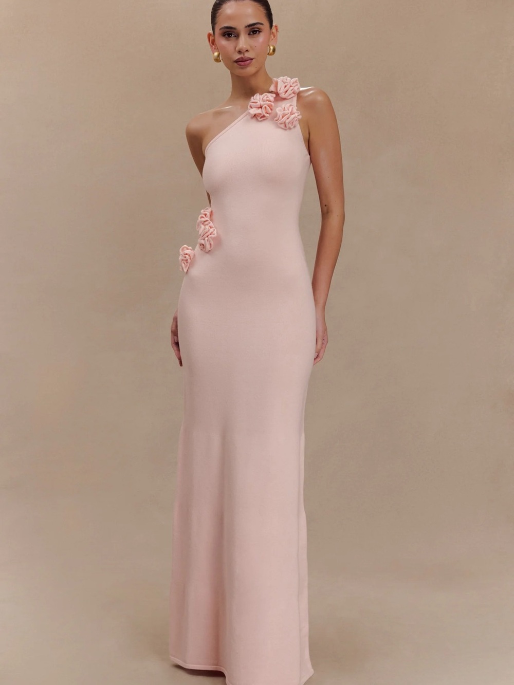 Meshki Paloma  One-Shoulder Soft Pink Floral-Appliqué Gown